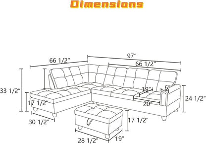 L Shaped Sectional Couch with Otttoman, 97" Sectional Sofa for Living Room Flannel Modular Couches with Cup Holders for Bedroom, Apartments, Light Grey
