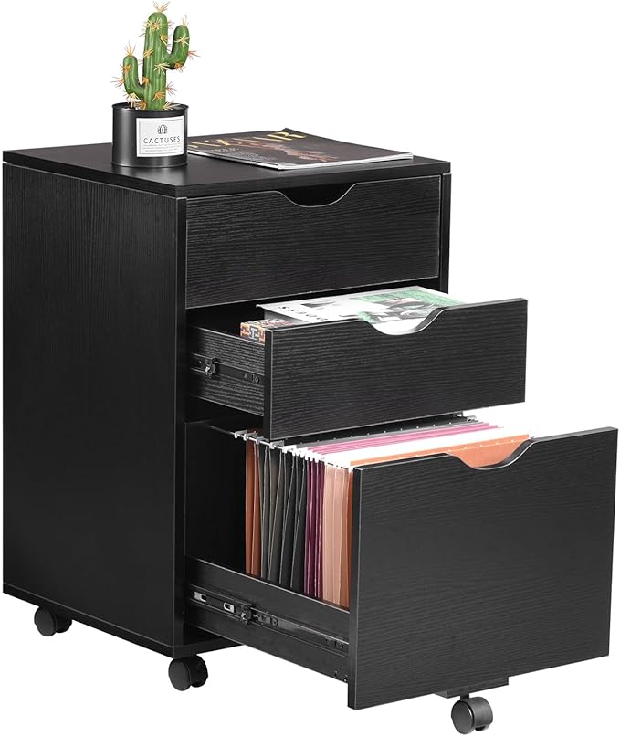 HollyHOME 3-Drawer Wood File Cabinet, Under Desk Cabinet for Home Office, Rolling Storage Shelf for Home, Printer Stand, for A4, Letter-Size Files, 11.8in Hanging File Folders, Black