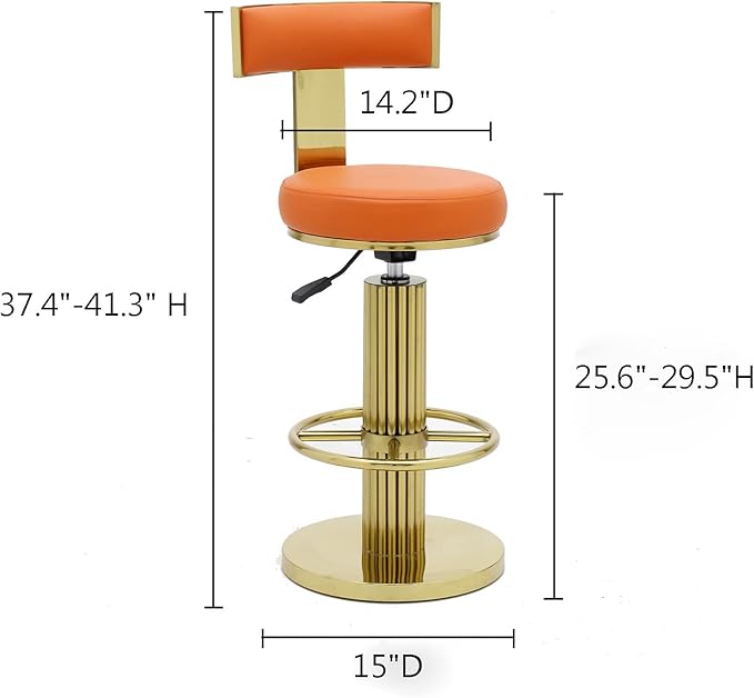 FUNROLUX Counter Height Bar Stools with Back, Modern Adjustable Height Barstools Swivel Bar Chair with Polished Gold Stainless Steel Legs for Kitchen Island Counter Living Room Coffee Shop (Orange)