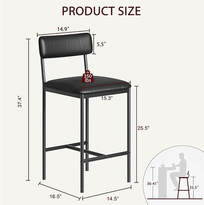 GarveeHome Bar Stools Set of 2, Upholstered Counter Height Bar Stools with Backrest and Footrest, Kitchen Barstools for Island, Counter Bar, Easy Assembly, Black