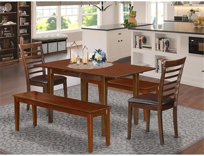 East West Furniture NOML5C-MAH-LC 5 Piece Dining Table Set Includes a Rectangle Dining Room Table with Butterfly Leaf and 2 Faux Leather Upholstered Chairs with 2 Benches, 32x54 Inch, Mahogany