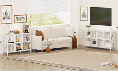 FATORRI 8 Cube Storage Organizer Bookshelf, Rustic Wood Cubby Bookcase, Industrial Horizontal Long Shelf for Living Room (White Oak, 62 Inch)