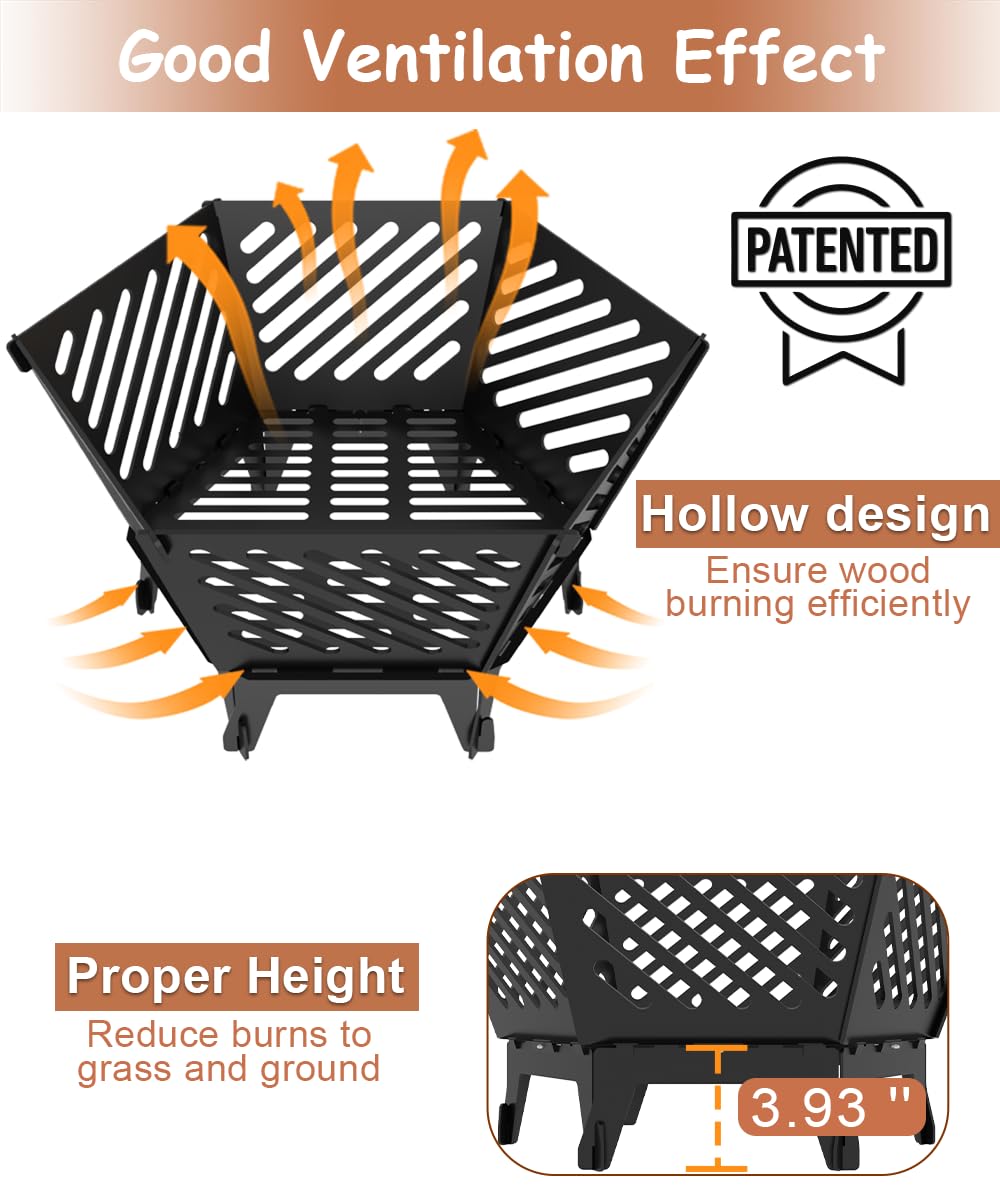 Waaliji 22.5 Inch Portable Hexagon Fire Pit with Travel Bag — Smokeless Patented Design Outdoor Wood Burning Fire Pit for Camping, Backyard, Patio, Bonfire, Picnic and BBQ, Diagonal Hollow Style