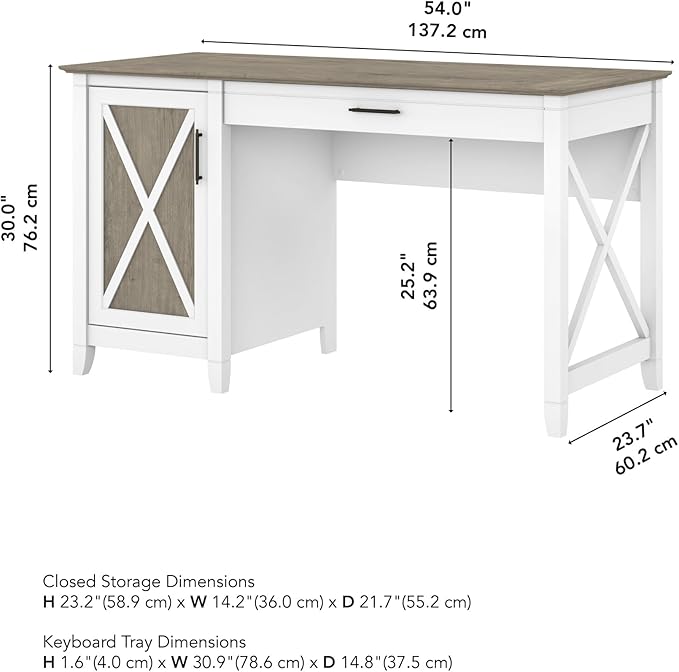 Bush Furniture Key West Computer Desk with Storage | Farmhouse PC Table for Home Office in Pure White and Shiplap Gray | 54W x 24D