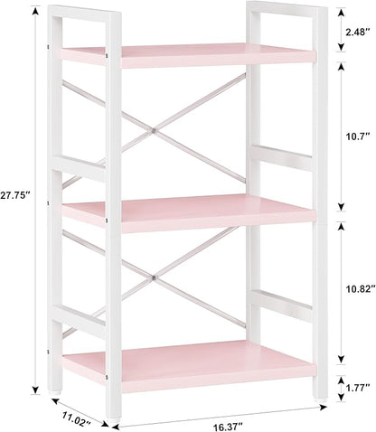 Homeiju Pink Bookshelf, 3 Tier Industrial Bookcase, Metal Small Bookcase, Rustic Etagere Book Shelf Storage Organizer for Living Room, Bedroom, and Home Office(Pink) Patent Pending D29873033