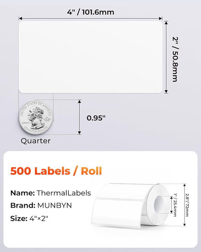 MUNBYN 4” X 2” Direct Thermal Labels, Thermal Printer Stickers, Strong Adhesive & Perforated Labels Paper for Barcode, Mailing, 500 Sheets/1 Roll，White