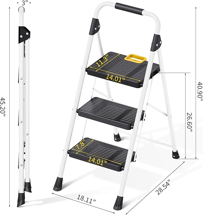 KINGRACK 3 Step Folding Ladder, 800lbs Capacity Step Stool with Safety Lock, Non-Skid Wide Pedals, and Handrail, Lightweight, Household Ladder for Home, Kitchen, Pantry, Closets, and Office Use, White