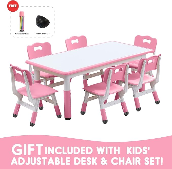 Kids Table and Chairs Set, Height Adjustable Desk With 6 Seats for Ages 3-12,Arts & Crafts Table,Graffiti Desktop, Non-Slip Legs, Max 300lbs, Children Multi-Activity Table for Classrooms,Daycares,Home