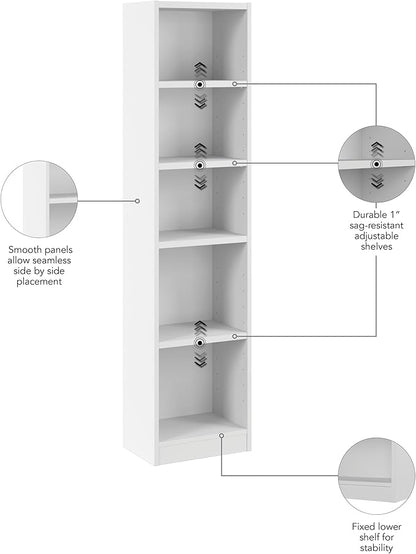 Bush Furniture Universal 17W Narrow 5 Shelf Bookcase in White, Tall Skinny Bookshelf for Home Office Storage or Living Room Organization