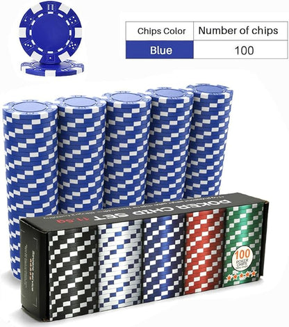 100PCS Blue Poker Chips, Casino Poker Chips Set, 11.5 Gram Plastic Poker Chips Clay Blank Game Chips for Poker Card Games Texas Holdem Blackjack Gambling (with Gift Box)