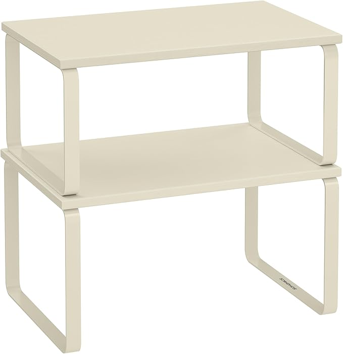 SONGMICS Cabinet Organizer Shelf, Set of 2 Kitchen Counter Shelves, Kitchen Storage, Spice Rack, Stackable, Expandable, Metal and Engineered Wood, Cream White UKCS002W02
