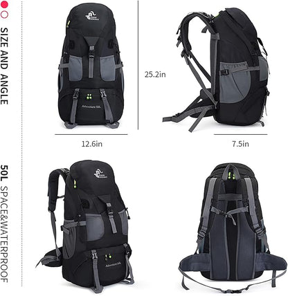 Bseash 50L Hiking Backpack, Water Resistant Lightweight Outdoor Sport Daypack Travel Bag for Camping Climbing Skiing Cycling (Black - No Shoe Compartment)