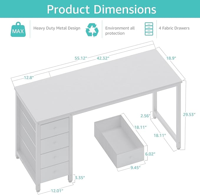 Lufeiya White Computer Desk with Drawers - 55 Inch Long Study Work Writing Desk for Home Office Bedroom, Reversible Simple Modern Cute PC Desks with Fabric Drawer, White