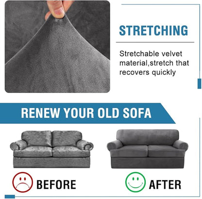H.VERSAILTEX Sofa Cover 3 Piece T Cushion Loveseat Slipcovers Thick Velvet Couch Cover Stretch T Cushion Sofa Covers for 2 Cushion Couch with 2 Individual T Cushion Covers Washable, Grey