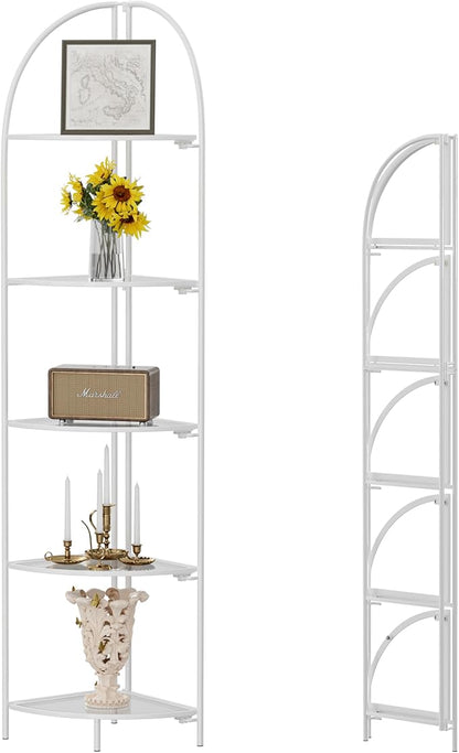 Crofy Foldable 5 Tier Corner Shelf, Metal Corner Plant Stand with White Frame and Transparent Shelves, Corner Display Rack Multipurpose Shelving Unit for Living Room, Bedroom, Bathroom