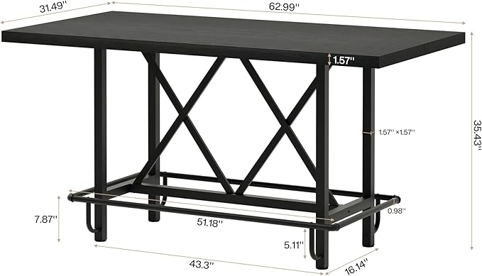 Tribesigns Bar Table, Industrial Counter Height Pub Table with Metal Footrest, 63-Inch Rectangle Wood Kitchen Dining Table with Sturdy Metal Frame for Dining Room, Home Bar (Black)