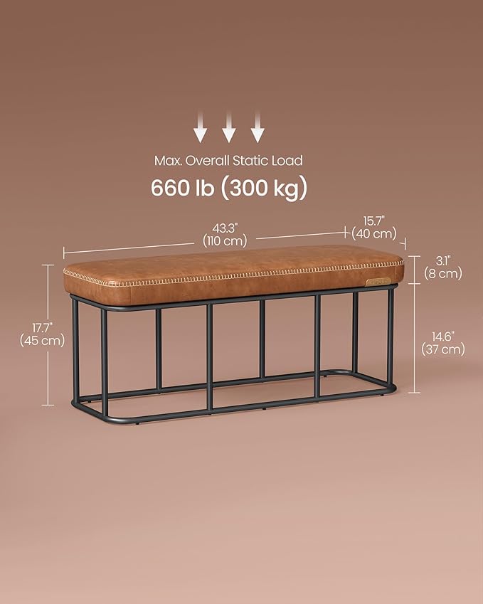 VASAGLE EKHO Collection - Storage Bench for Entryway, Ottoman Bench with Steel Frame, 43.3-Inch Wide, Synthetic Leather, Living Dining Room, Mid-Century Modern, Loads 660 lb, Caramel Brown ULOM085K01