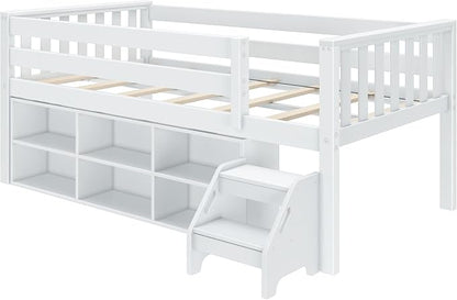 Max & Lily Soren Ultra Low Loft Bed, Twin Bed Frame for Kids with Bookcase, White