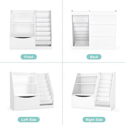TOETOL Kids Bookshelf & Book Storage,3 Tier Wooden Toddler Bookshelf for Children,Nursery Book Shelves with 6 Sling,Organizer & Book Shelf for Kids Rooms,Bedroom,Playroom White