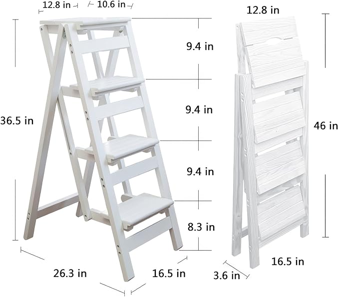 Step Stool for Adults/Step Ladder/Counter Chair, 4-Step Folding Portable Wooden Step Stool, Anti-Slip & Lightweight (White)