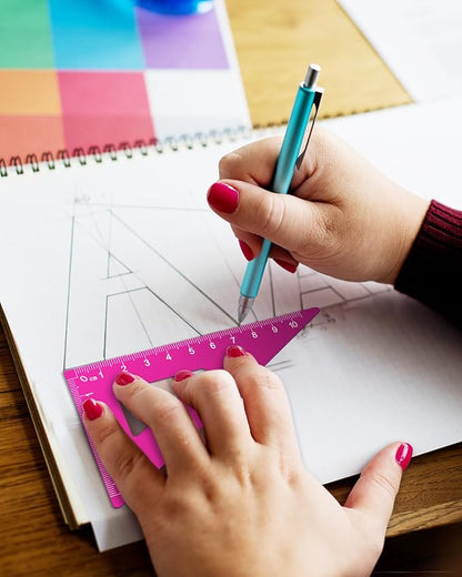Honagu Triangular Ruler Set, 4+1Pieces Aluminum Alloy Ruler, Metal Drafting Ruler, Geometric Protractor for Students, School Office Supplies (Pink, 20cm)
