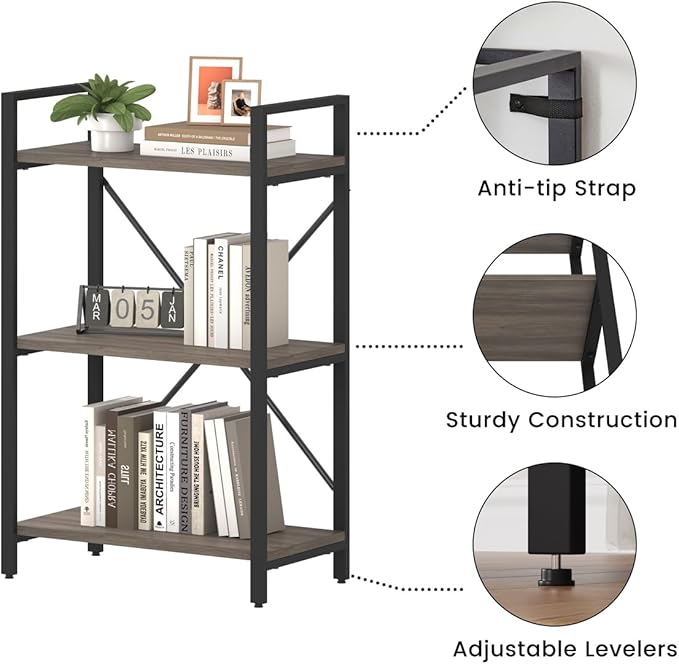 BON AUGURE 3 Tier Bookshelf, Small Rustic Book Shelf, Short Industrial Bookcase, Wood Metal Standing Etagere for Office, Bedroom and Living Room (Greige Oak)