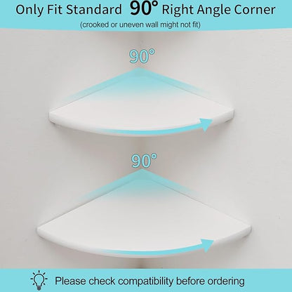 Corner Shelf, Solid Oak Wood Floating Corner Shelf Wall Mount Round End Floating Speaker Shelves with Wire Hole for Small Plant Photo Frame for Bedroom Kitchen, Living Room (White, 8.7in)