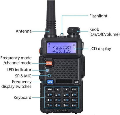 Baofeng UV-5R Dual Band Two Way Radio Handheld Ham Radio Long Range Walkie Talkies Pack of 6 for Hiking Camping Hunting Skiing Trip(Black) with 8.2'' D8 (VHF UHF)