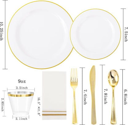 SUT 175 PCS Plastic Plates, 175 Pieces Disposable Heavy Duty for 25 Guests, White Gold Geometric Pattern Dinner Plates with Napkins and Cups, BPA Free