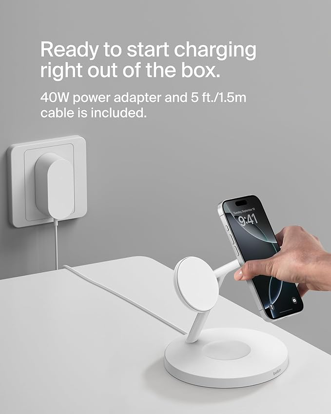 Belkin MagSafe-Compatible Charger, 3-in-1 Wireless Charging Station, Qi2-Certified 15W Wireless Charge for Apple iPhone 17 Series, Apple Watch, AirPods w/Non-Slip Base, 40W Included - Black