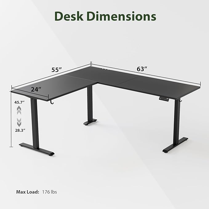 Agilestic L Shaped Standing Desk Adjustable Height, Electric Corner Standing Desk, 63 x 55 inch Sit Stand Computer Table with Splice Board, Gaming Table, Black