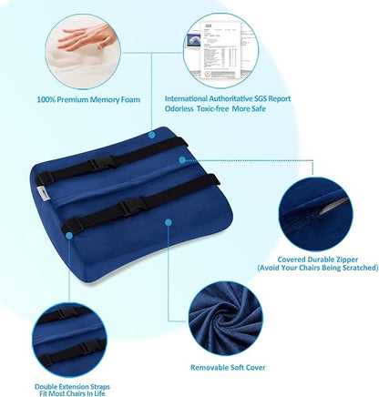 SAIREIDER Office Chair Lumbar Pillow, Memory Foam Back Support Pillows for Car、Gaming Chair、 Home Chair, Fatigue Relief Correct Posture, Double Adjustable Straps(Navy Blue)