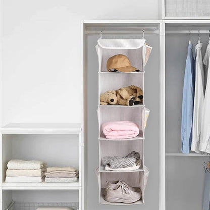 5 Shelves Hanging Closet Organizer, 2 Pack Hanging Storage with 6 Side Pockets for Clothes Shoes, 43"x12"x12"(Strip)