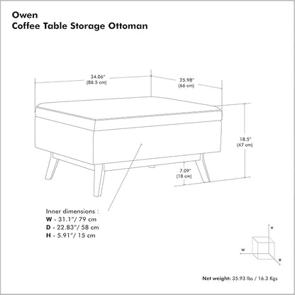 SIMPLIHOME Owen Coffee Table Storage Ottoman - 34 inch Wide Upholstered Tweed Look Fabric Rectangular Lift-Top Ottoman in Ebony, Mid-Century Modern Bench for Living Room with Tapered Legs