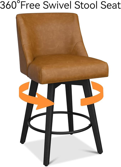 Counter Height Bar Stools Set of 6, Modern Swivel Barstools with Back and Wood Legs, Faux Leather Upholstered Bar Chairs, 26" H Kitchen Counter Stools, Kitchen Island Home Bar, Whisky Brown