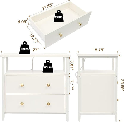 27 inch Wide Nightstand with Charging Station, Bedside Table with Open Shelf, 2 Drawers Small Wood Dresser, End Side Table for Bedroom (2 Pack,White)