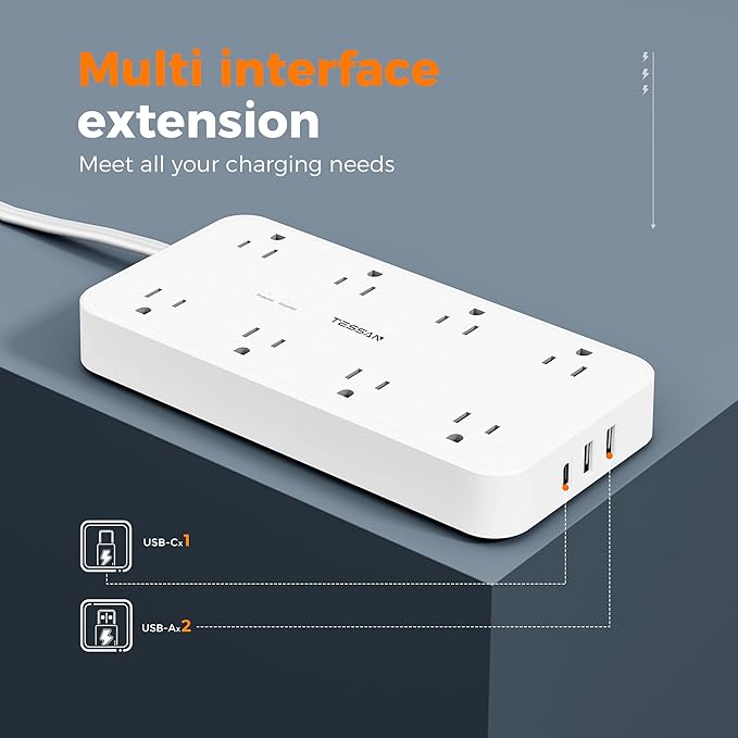 Power Strip with Surge Protection, TESSAN Flat Plug Extension Cord with 8 Outlets 3 USB Ports(1 USB C), 1080 Joules, 6 Ft, Wall-Mounted Charging Station for Apartment Office Dorm Room Essentials