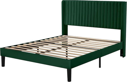 Allewie Queen Size Bed Frame/Velvet Upholstered Platform Bed/Vertical Channel Tufted Wingback Headboard/Strong Wooden Slats/No Box Spring Needed/Easy Assembly/Green