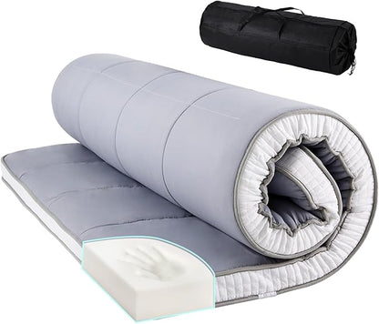 Tiita Floor Mattress Memory Foam Mattress Topper, 4" Thicken Futon Mattress with Storage Bag and 2 Straps, Portable Roll Up Travel Car Camping Mattress Sleeping Pad Full Size, Grey