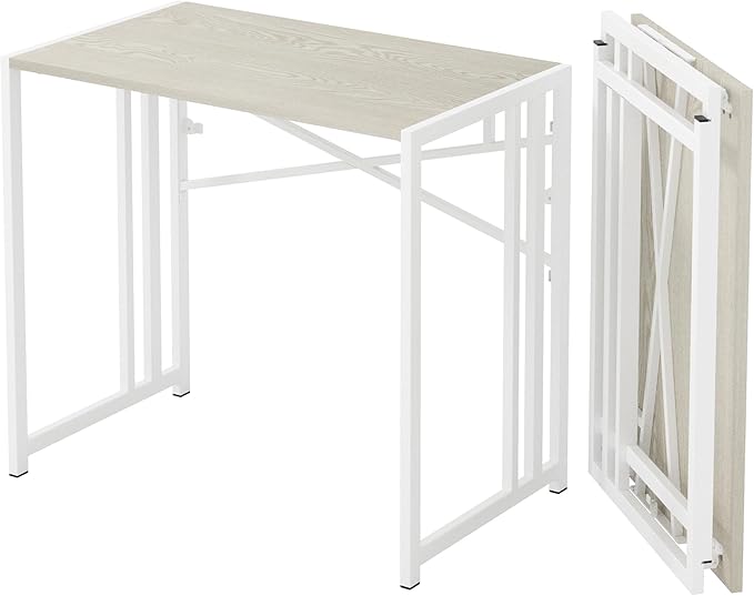 35 inch Small Folding Desk, Writing Gaming Computer Camping Desk for Small Spaces, No Assembly Required Home Office Table, Natural and White