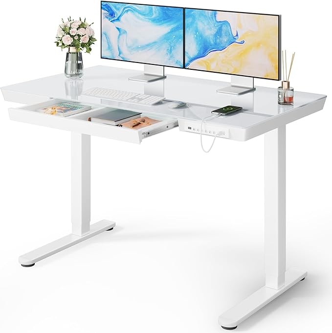 Marsail Glass Standing Desk with Drawer, 48 x 24 inch Electric Standing Desk, Height Adjustable Desk with One-Piece Tabletop & USB Charging Ports, Sit Stand Desk with Storage for Home & Office White