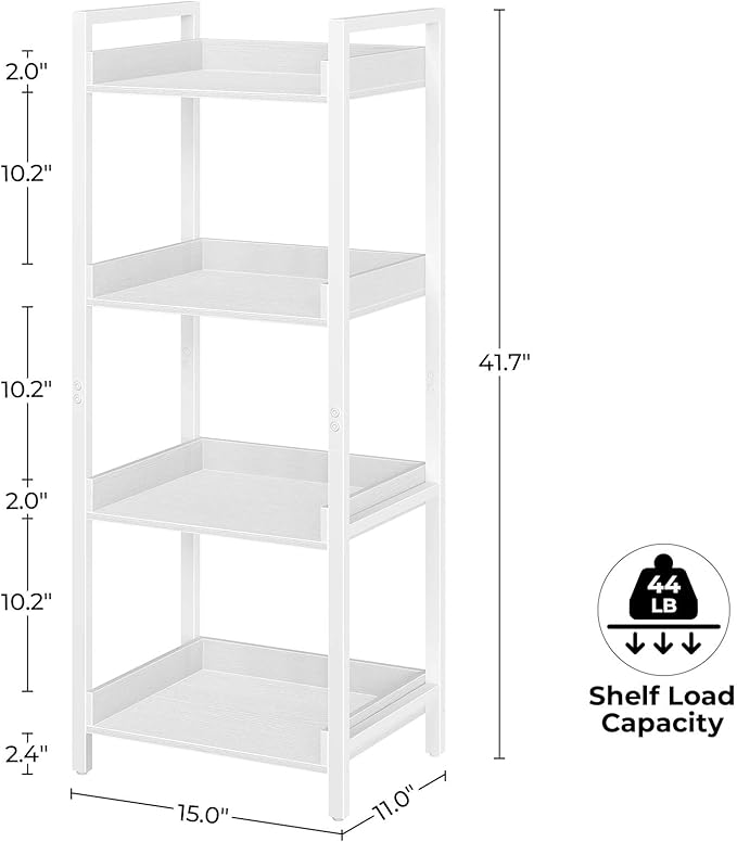 Rolanstar Bookshelf, 4-Tier Storage Rack, Narrow Corner Bookshelf, Display Wooden Shelves for Living Room, Bathroom, Balcony, Kitchen,White