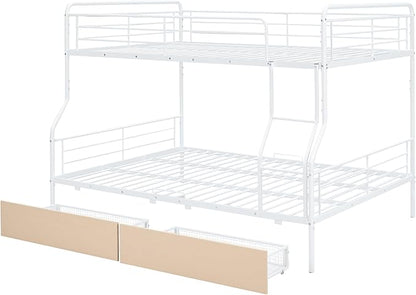 Full Over Queen Metal Bunk Bed with 2 Storage Drawers,Contemporary Iron-Crafted Bed Frame,w/Ladder & Full Length Gridded Guardrails,No Box Spring Needed,for Bedroom Guest Room,White