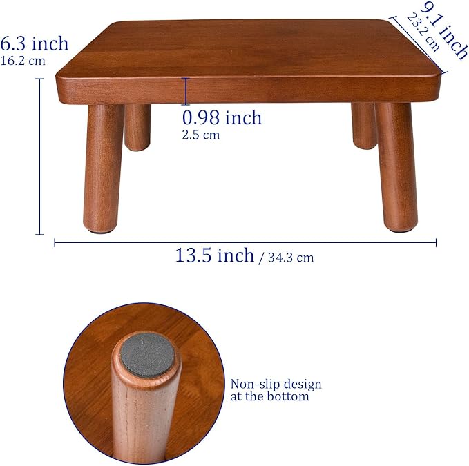 Wooden Step Stool, Foot Stool with Non-Slip Mat, One Step Stool, Small Stool for High Beds, Office, Bedroom, Bathroom (Brown, Small)