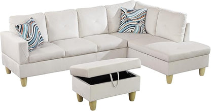Couches for Living Room Modern L Shaped Couch Comfy Flannel Fabric 3 Pieces Sectional Sofa with Chaise, Ottoman with Storage for Office and Small Apartment, White