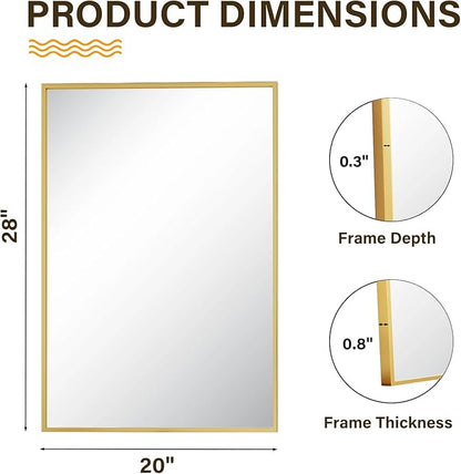 HARRITPURE 28"x20" Bathroom Mirror for Wall, Gold Framed Rectangle Mirror Aluminum Alloy Frame Wall-Mounted Horizontally/Vertically for Entryway/Bedroom/Vanity