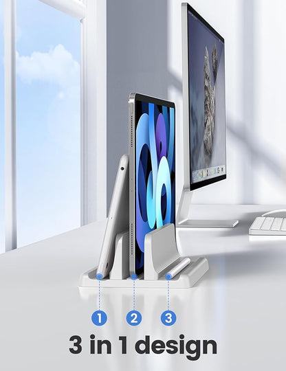 Vaydeer Vertical Laptop Stand Holder Plastic Adjustable Desktop Notebook Dock Space-Saving 3 in 1 for All MacBook Pro Air, Mac, HP, Dell, Microsoft Surface, Lenovo, up to 17.3 inches (White)