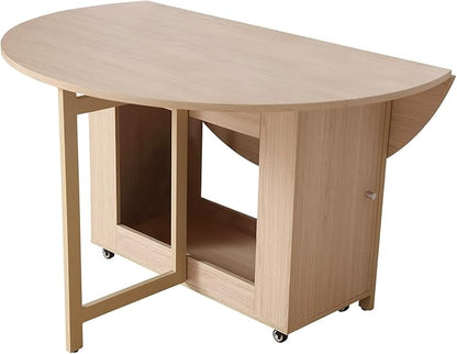 47.3" Round Folding Dining Table for 4-8, Wood Kitchen Foldable Dining Table Large Drop Leaf Dinner Table with Storage Shelf Metal Legs for Home Dining Room Living Room in Wood Color