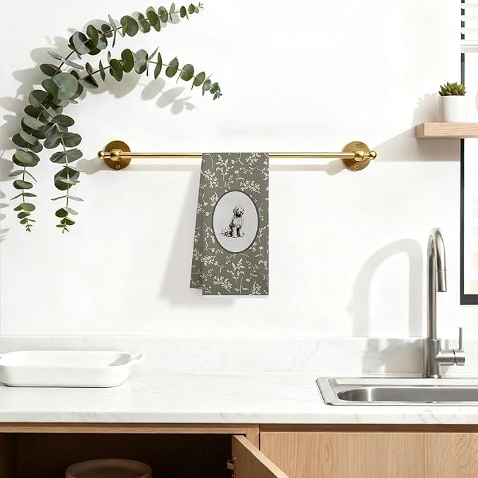Sage Green Vintage Floral Goldendoodle Kitchen Dish Towels, Golden Doodle Gifts Women, Cottagecore Dog Decorative Hand Tea Towels for Bathroom Kitchen, 16x24 Inches