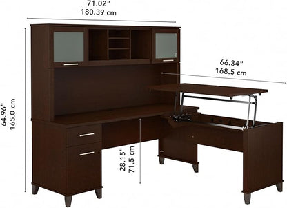 Bush Furniture Somerset 72W 3 Position Sit to Stand L Shaped Desk with Hutch in Mocha Cherry